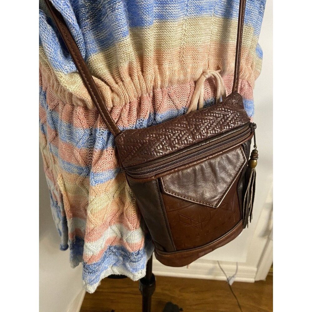 Vintage Brown Tooled Leather Cross Body Purse Handbag Shoulder Bag Tassel 9"x6" - Picture 9 of 16